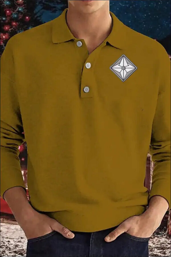 Casual Lapel Button Long Sleeve Solid Color Polo Shirt e27 |