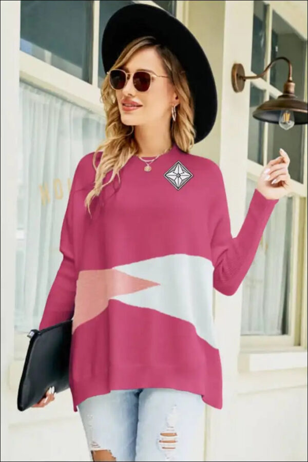 Color Block Round Neck Side Slit Sweater e77.0 | Emf - Small