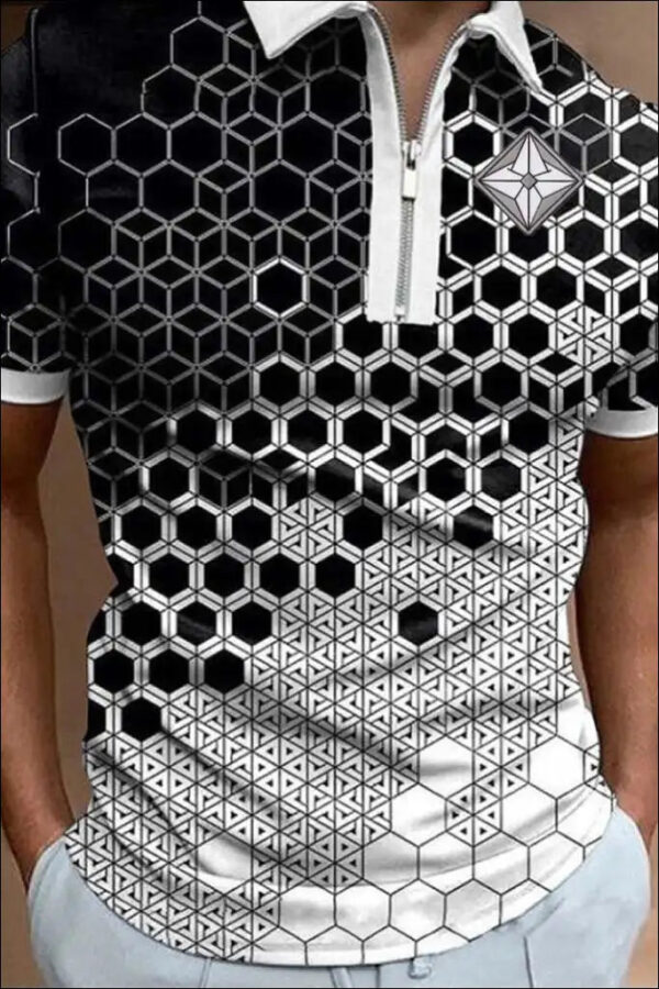 Geometric Pattern Patchwork Short Sleeve Polo Shirt e34 |